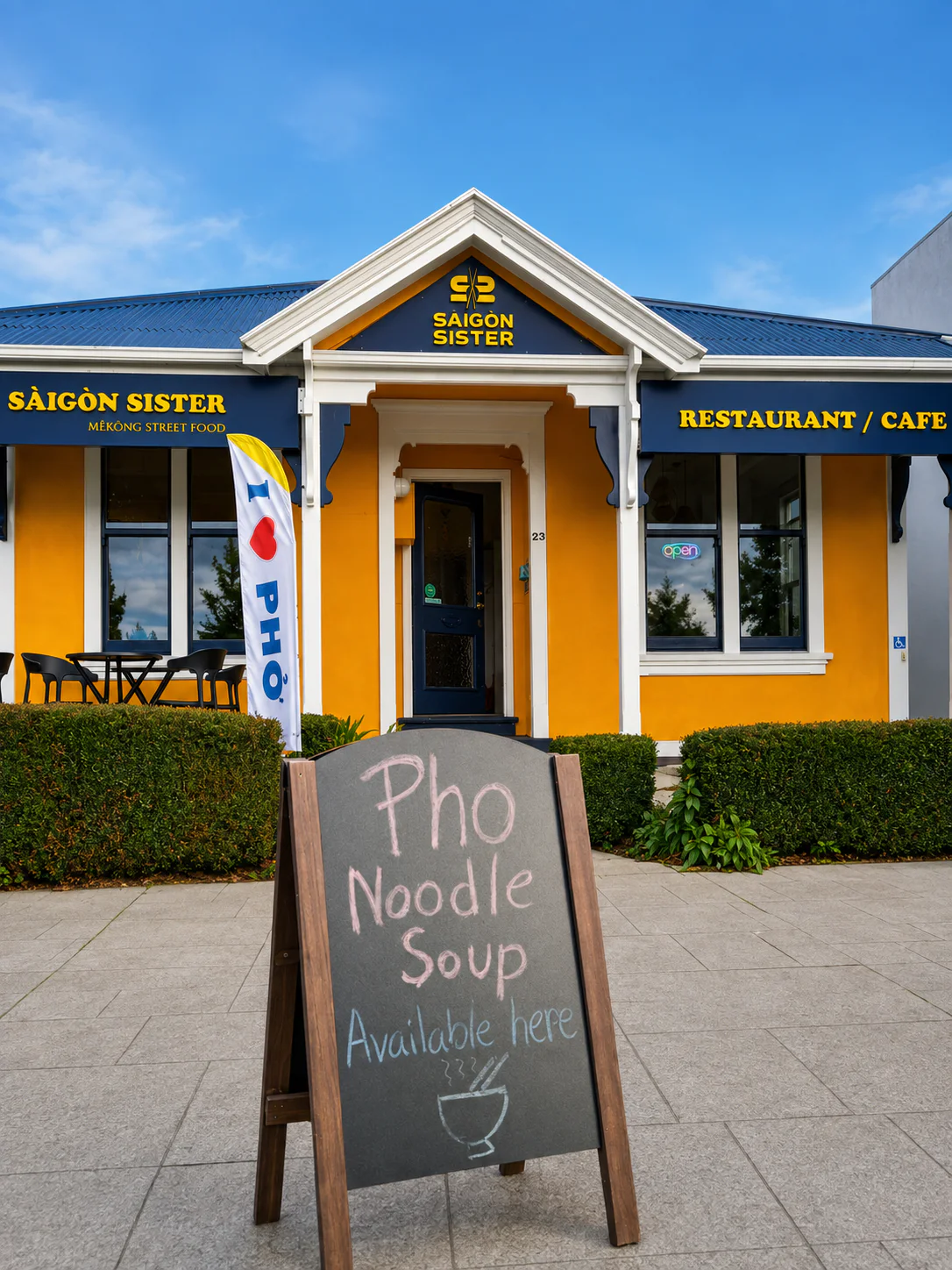 Saigon Sister Riccarton entrance with a pho noodle soup sign