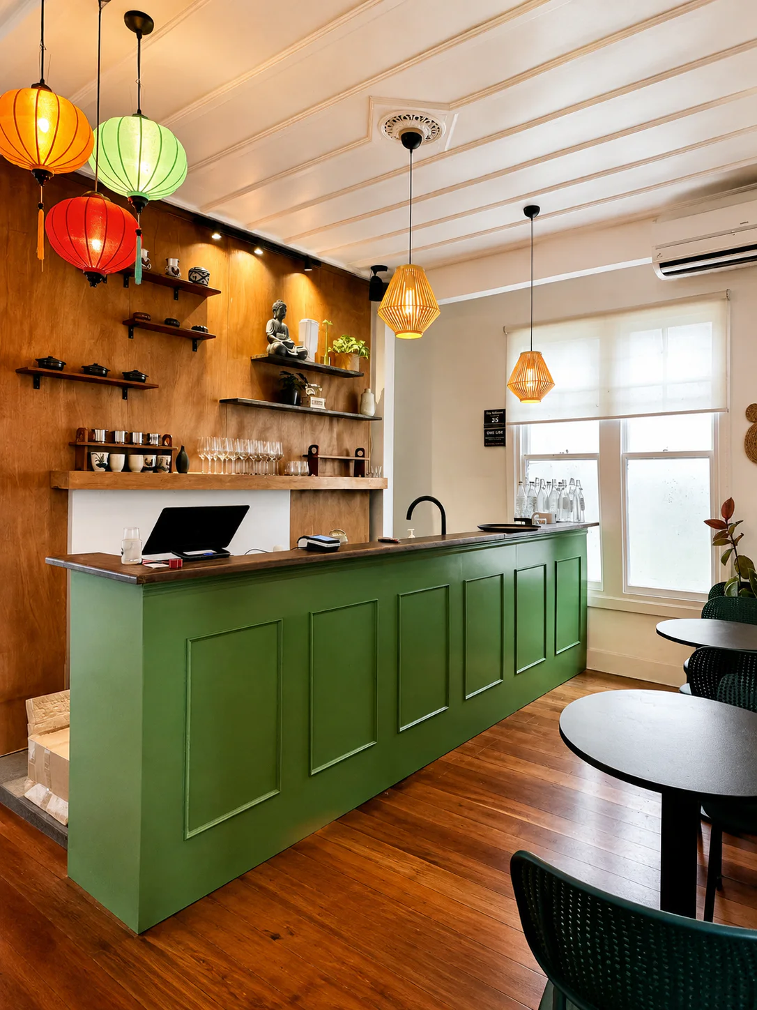 Green counter and colourful lanterns inside Saigon Sister Riccarton